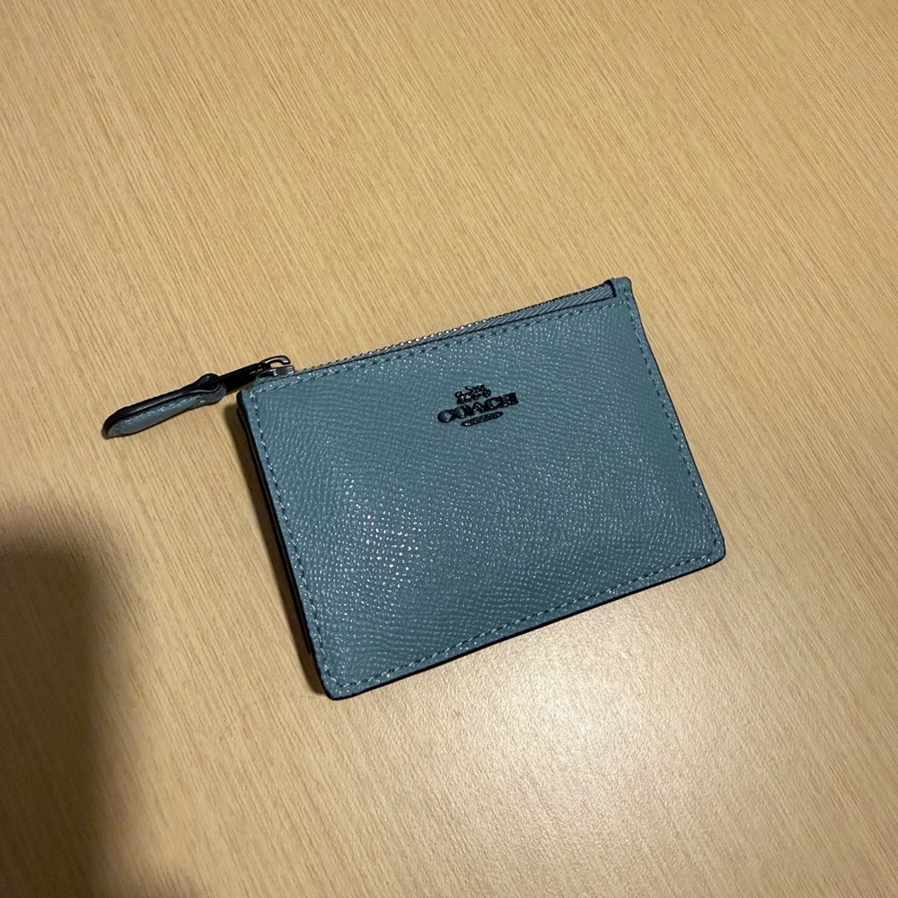 Coach Textured Leather Zip Card Case in Teal Blue
